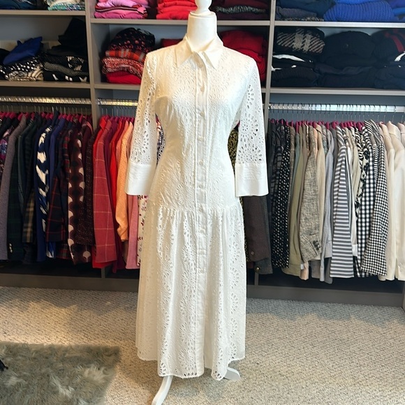 Zara Dresses & Skirts - Zara white eyelet 3/4 quarter length sleeve tie waist button down dress S NWT